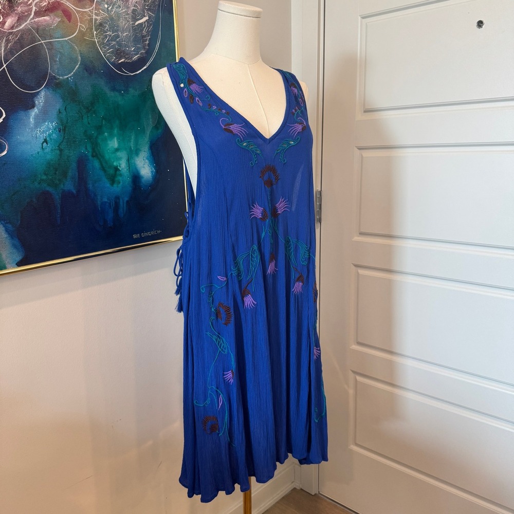 Free People Ocean Blue Embroidered Lace Up Side Slip Dress Size Large NWT